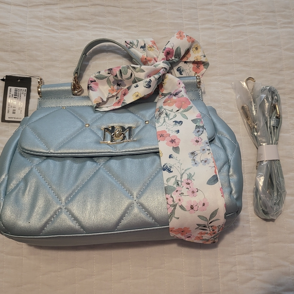 Badgley Mischka Womens Teal  Quilting Crossbody Handbag With Scarf Bow NEW $149